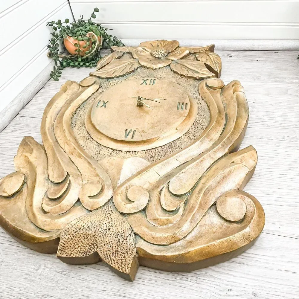 Large Gold Hand-Carved Wooden Floral Clock: Antique Wood Decor‎
